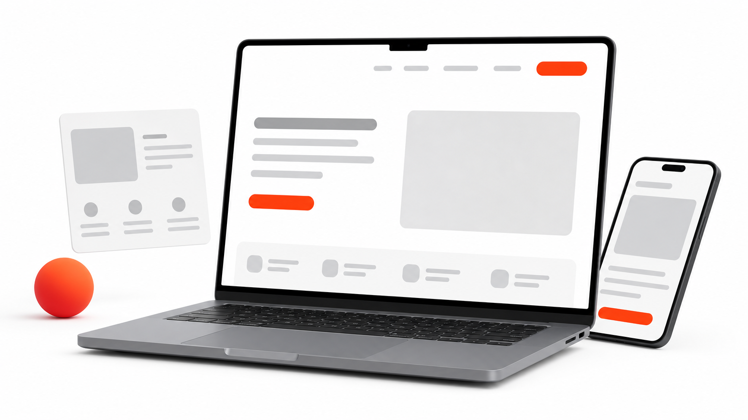 A website header shows navigation links beside one distinct orange button on a laptop screen.