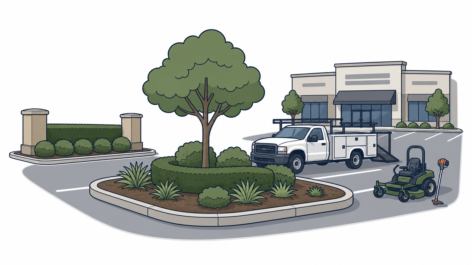 A landscaping crew truck parked beside a trimmed median and hedges in a commercial retail parking lot.