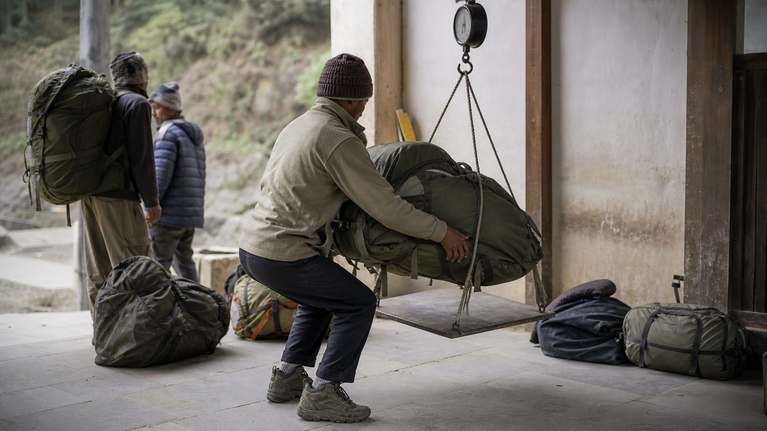 A porter has his backpack weighed at a park entrance checkpoint before the climb.