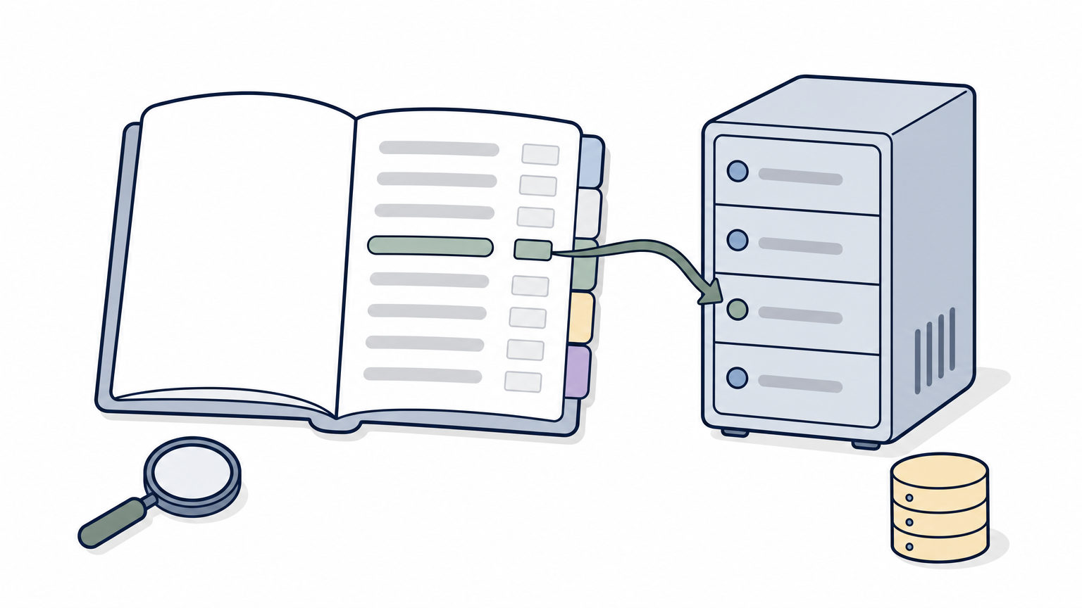 An open book with an index page beside a small database server tower.