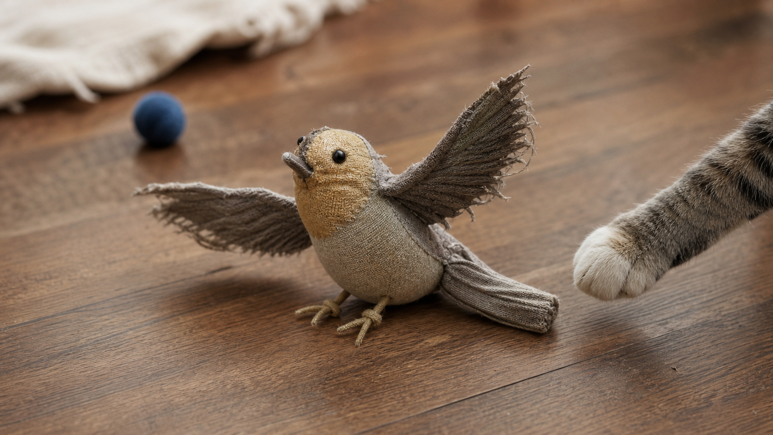 A fabric bird toy with wings spread flapping on the floor as a cat reaches toward it.
