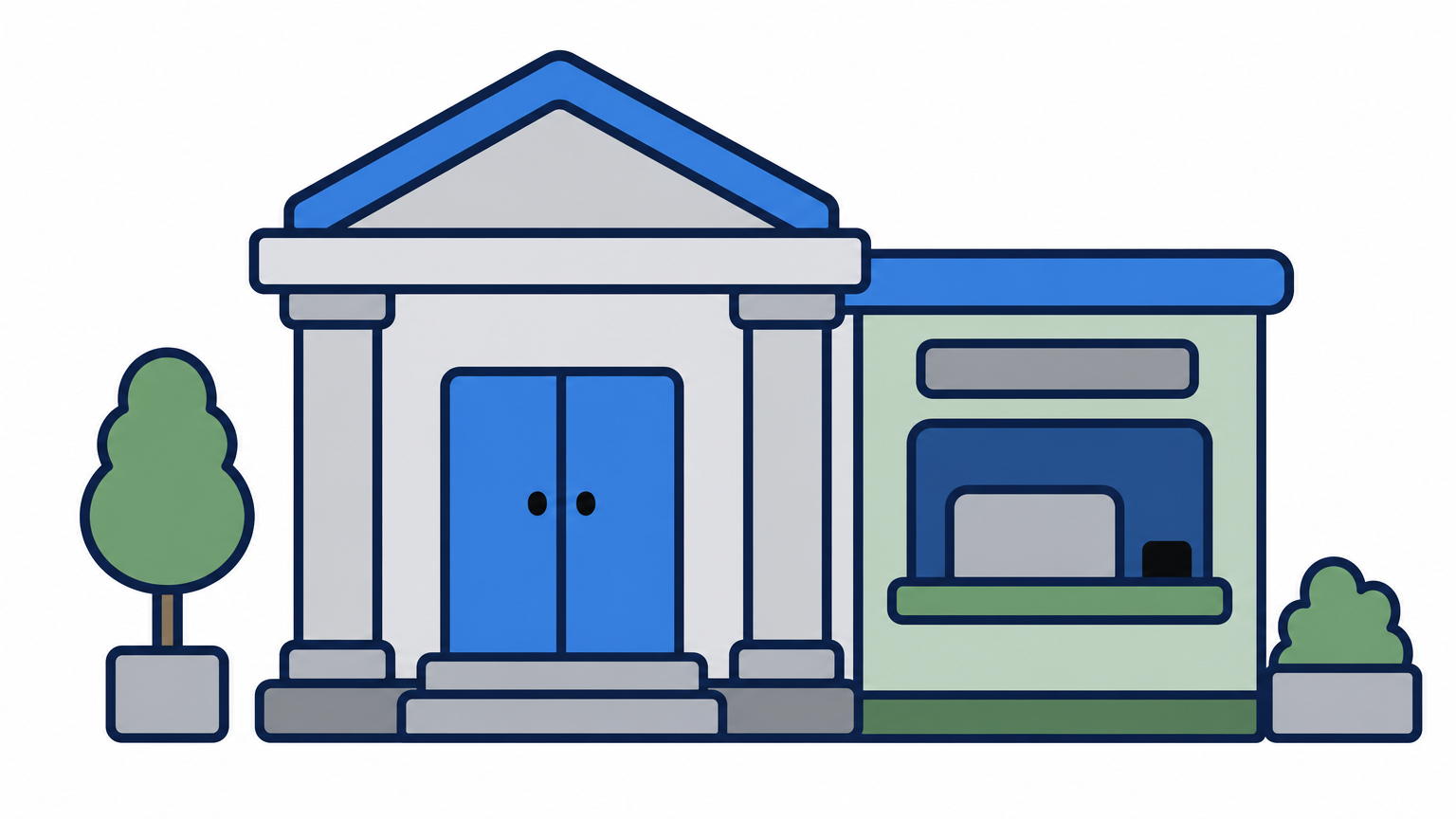 A bank and government office building represent BillDesk's institutional payment network.