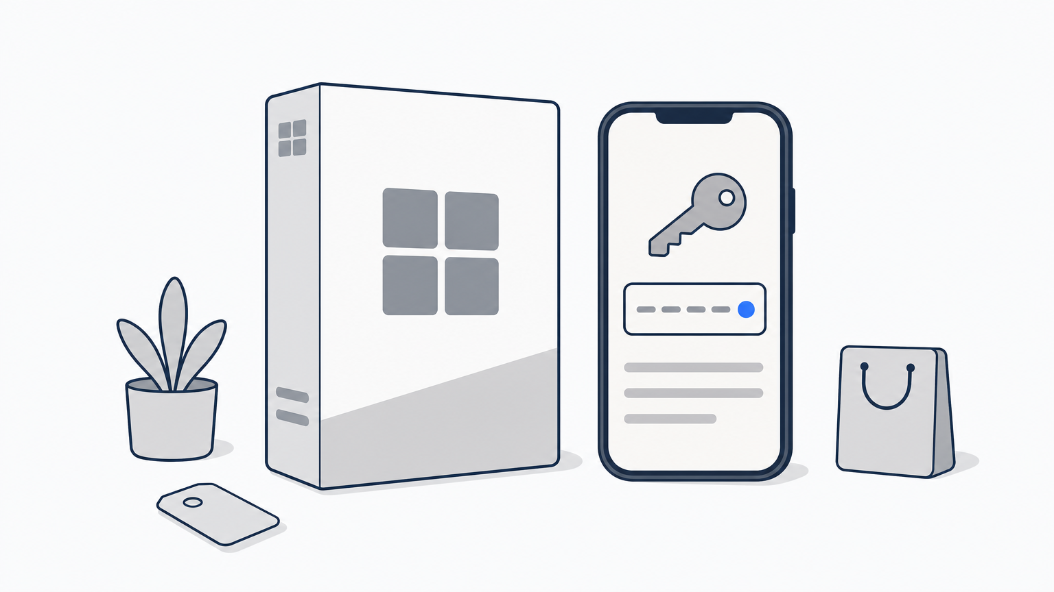 Physische Softwarebox neben einem Smartphone mit digitalem Lizenzcode.