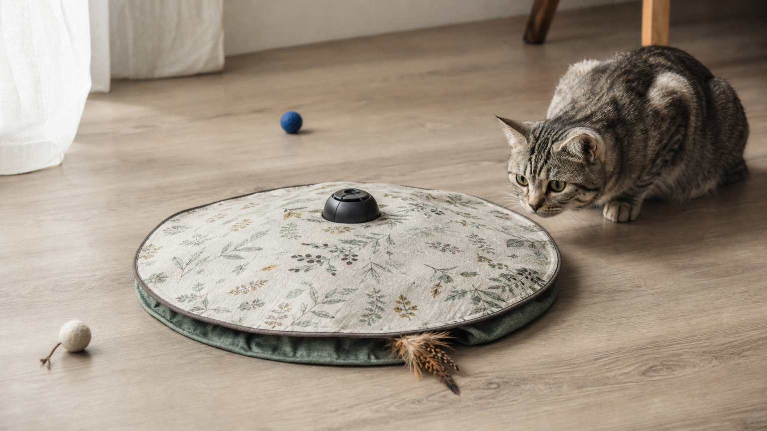 A flat fabric-skirted toy with a feathered lure peeking out as a cat watches closely.