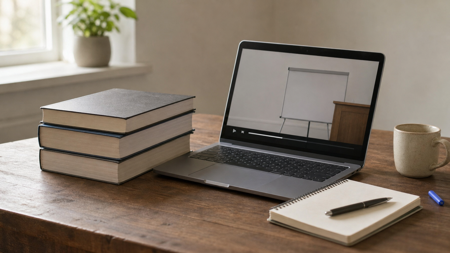 Stack of textbooks beside a laptop displaying a video lesson and a notepad.