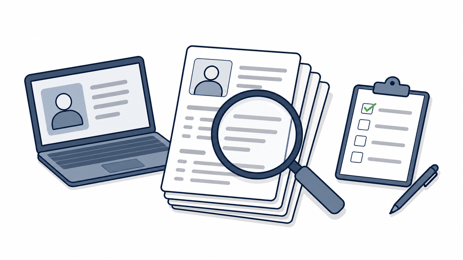 A magnifying glass examines a stack of resumes next to a laptop displaying a candidate profile.