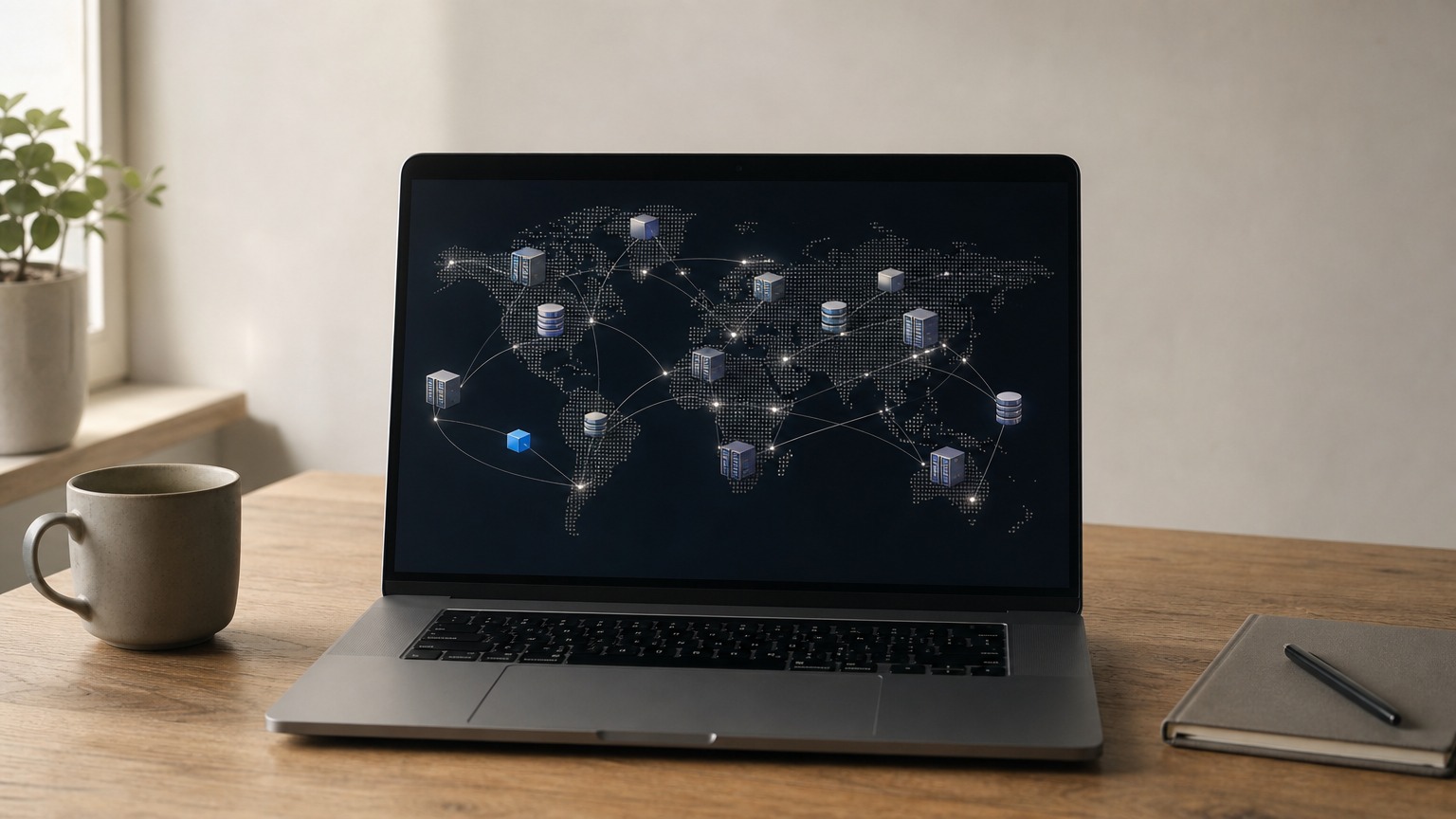 A dashboard displaying a constantly changing network of cloud servers, containers and storage icons.