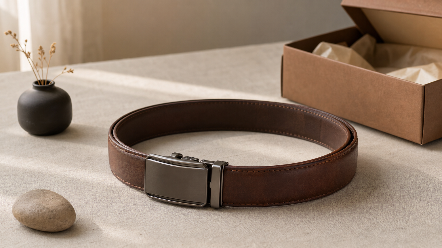 Une ceinture en cuir avec boucle automatique posée près d'un coffret cadeau ouvert.
