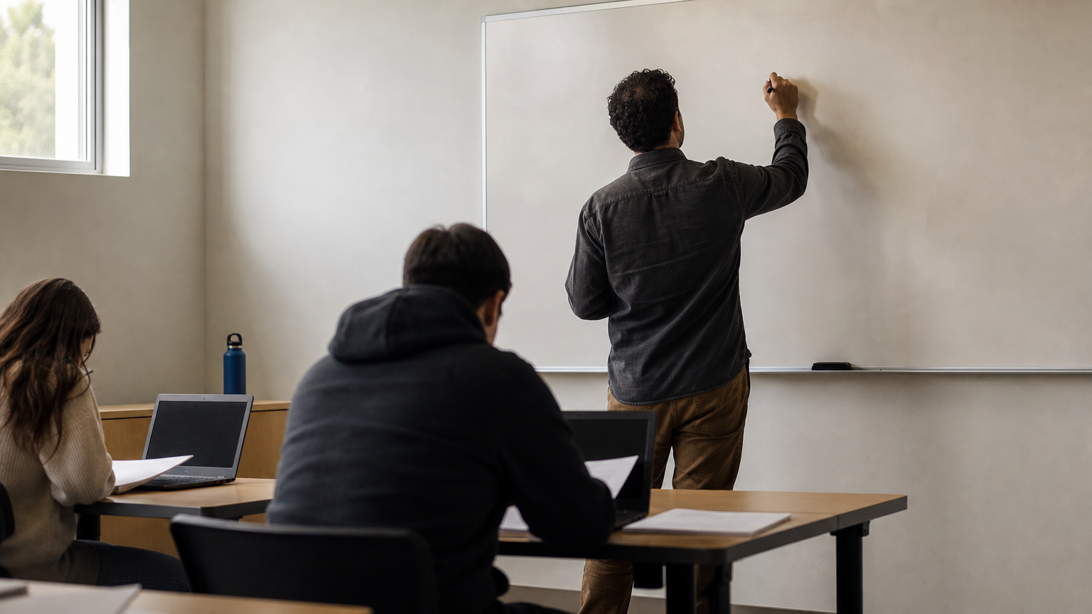 Instructor teaching a classroom of students seated with laptops and practice exam papers.