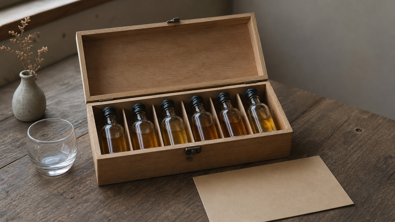 Un coffret en bois avec plusieurs petites bouteilles et une fiche de dégustation.
