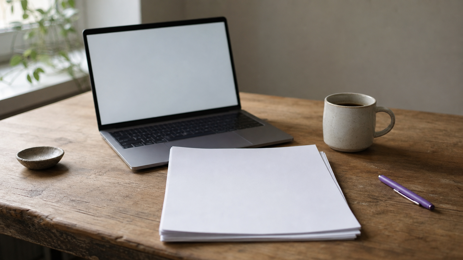 A desk showing a printed press release next to a laptop and a cup of coffee.