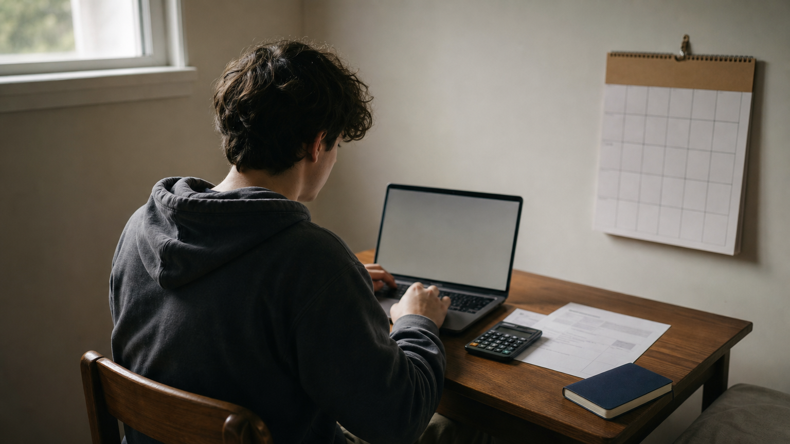 A student reviews a tuition invoice and calculator at a desk with a multi-year calendar on the wall.