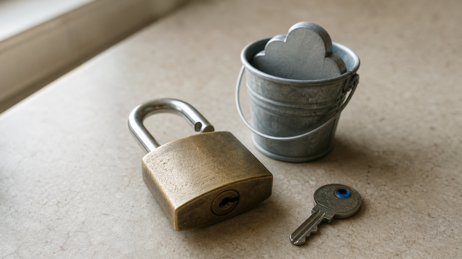 An open padlock next to a storage bucket icon and a loose key representing exposed cloud data.