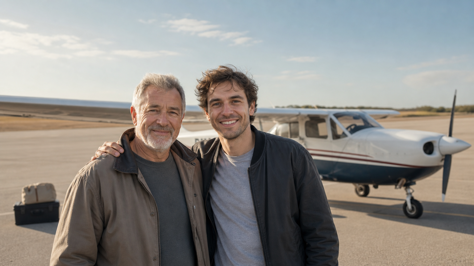 Un père et son fils se tiennent côte à côte devant un petit avion sur un tarmac.