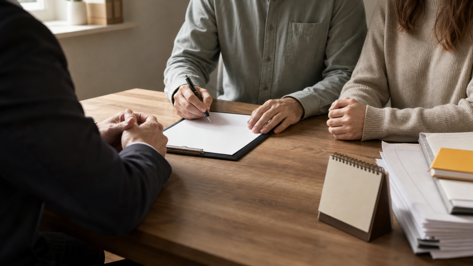 A couple and a lawyer reviewing and signing a divorce settlement agreement at a desk.