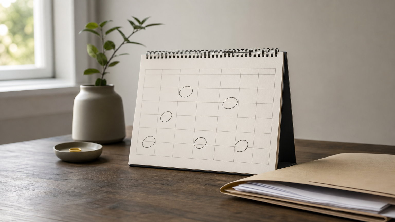 A calendar showing six marked months next to a folder of settlement documents on a desk.