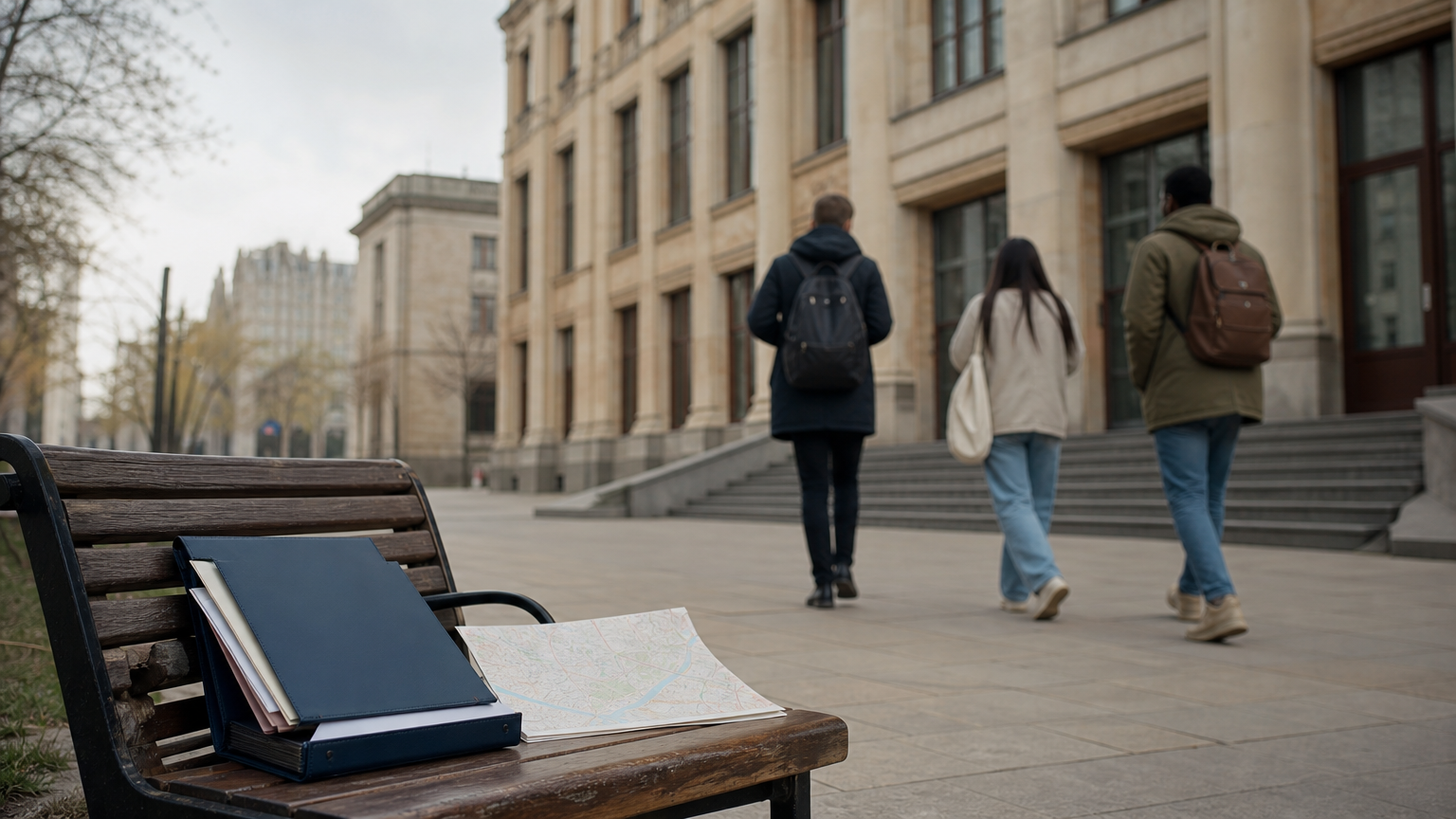 Students walking on a Russian university campus with brochures and a city map nearby.