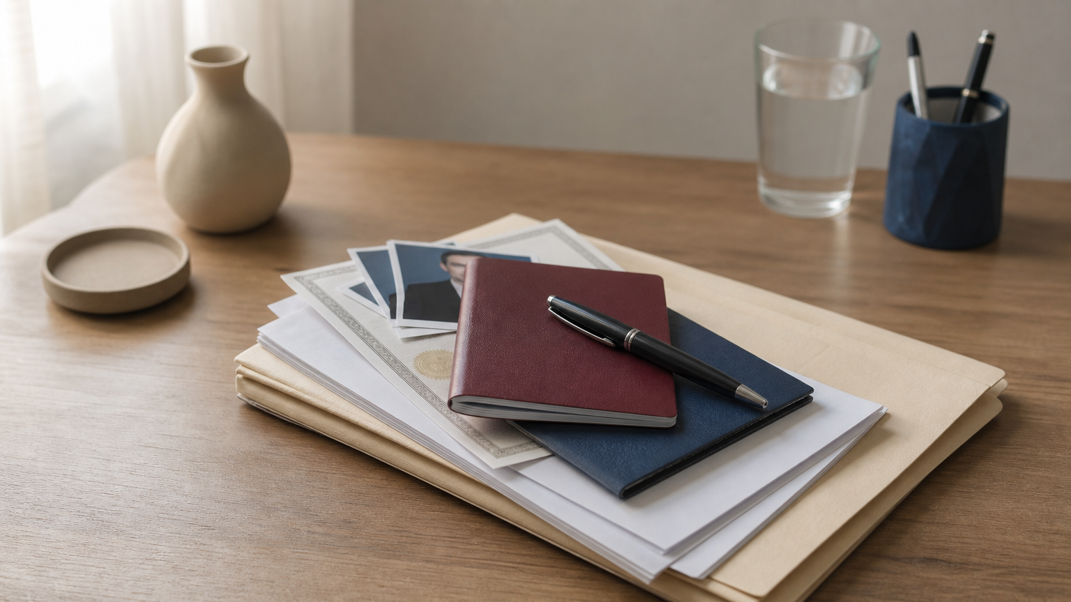 A stack of passports, diplomas, and photos arranged on a desk with a pen on top.