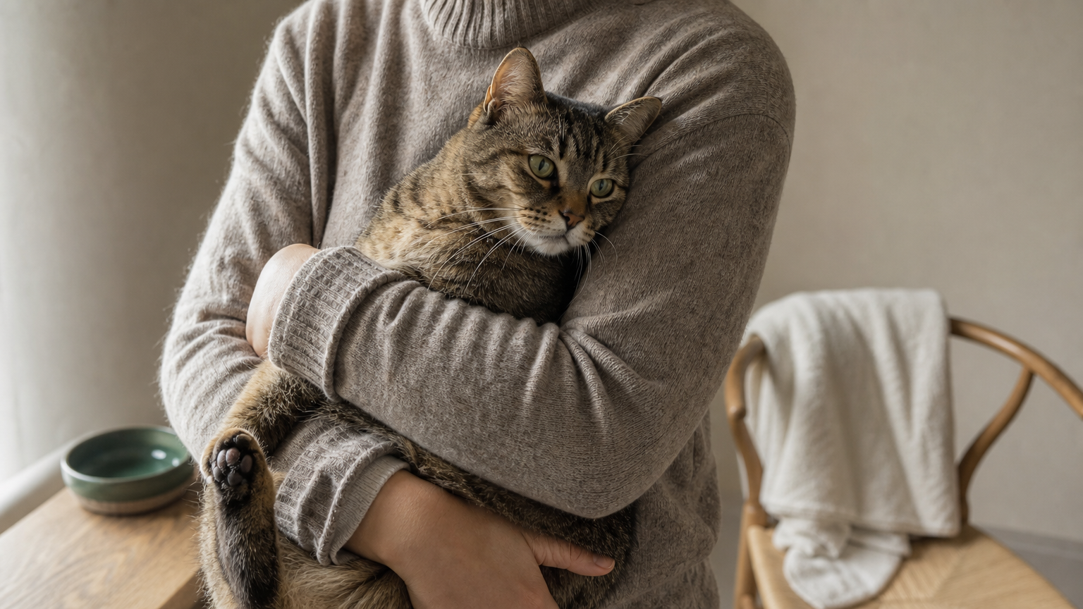 A person cradles a cat facing away from them to expose its paws for a nail trim.