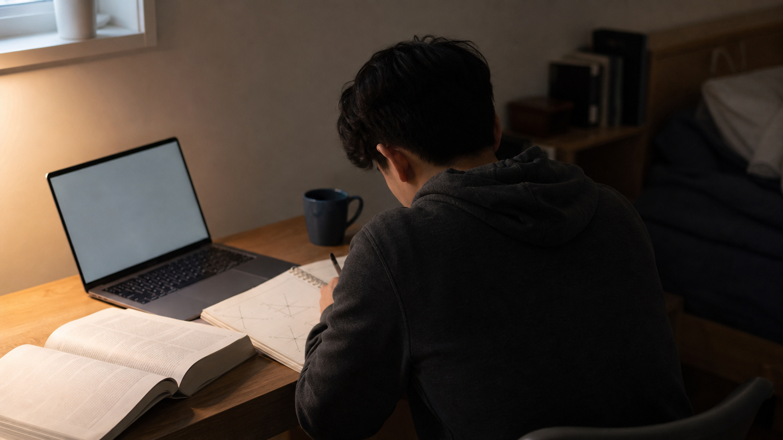 A student studies economics graphs and a textbook at a desk late at night.