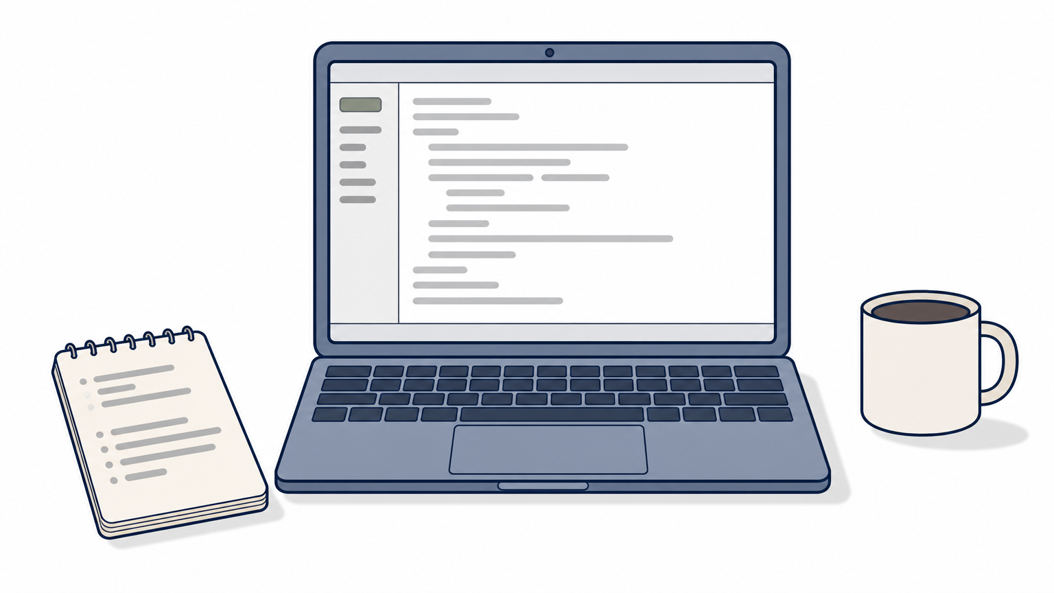 A laptop showing a SQL query editor next to a notepad and coffee mug on a desk.