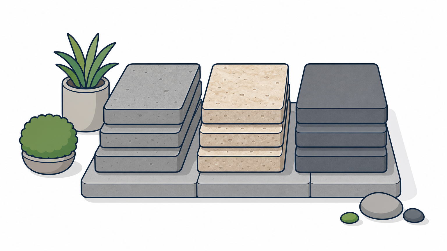 Three stacked paver material samples showing concrete, travertine, and porcelain options.
