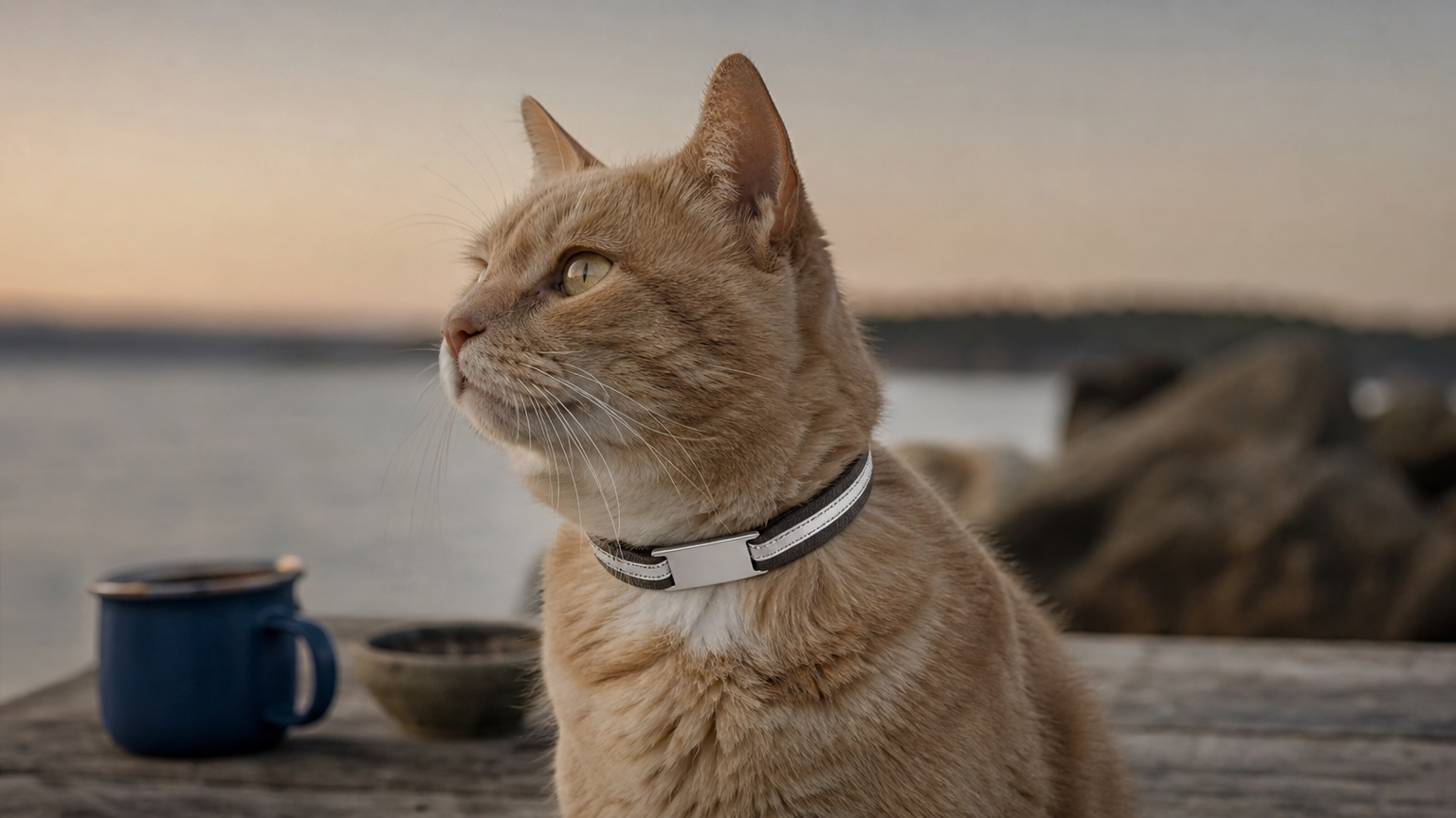 A cat wears a reflective breakaway collar with an engraved nameplate outdoors at dusk.