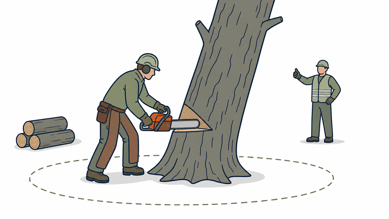 A worker wearing safety gear cuts a notch into a large leaning tree while a spotter watches from a distance.