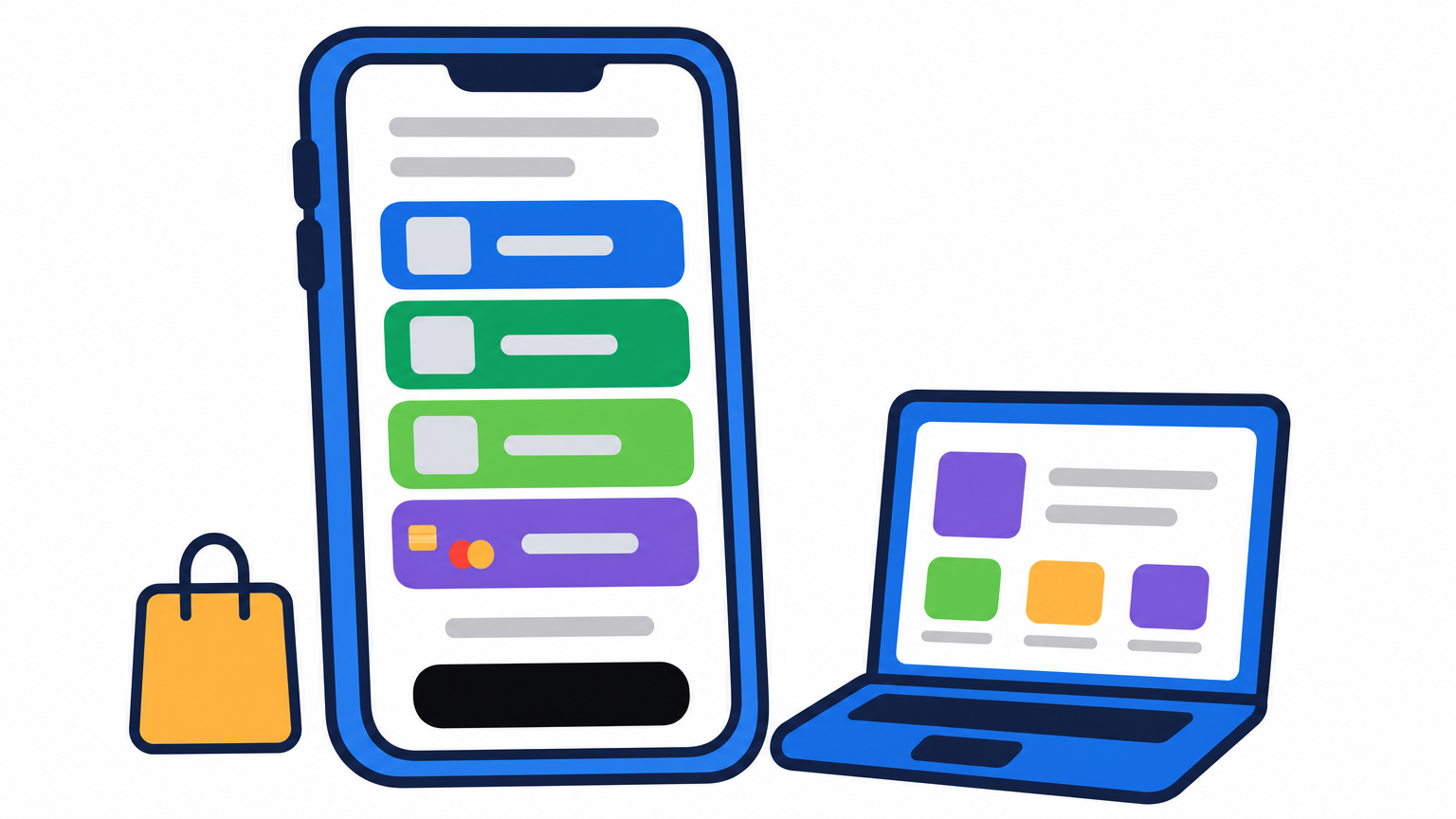A smartphone showing a checkout page with multiple local payment method icons beside a laptop with an online store.