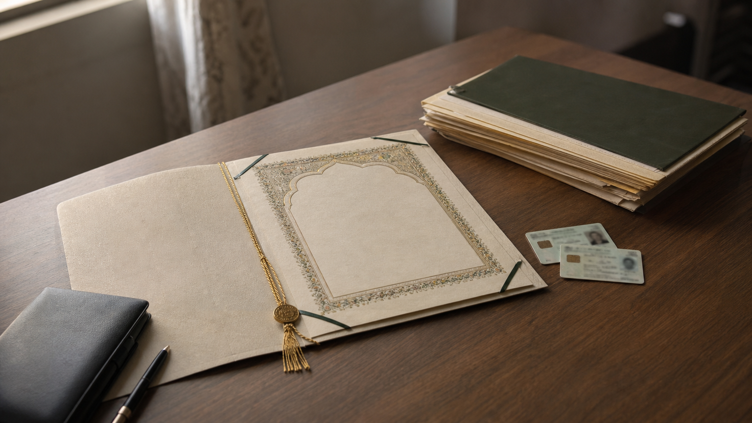 A desk displaying a Nikahnama, CNIC cards, and a document folder used to prepare a legal notice.