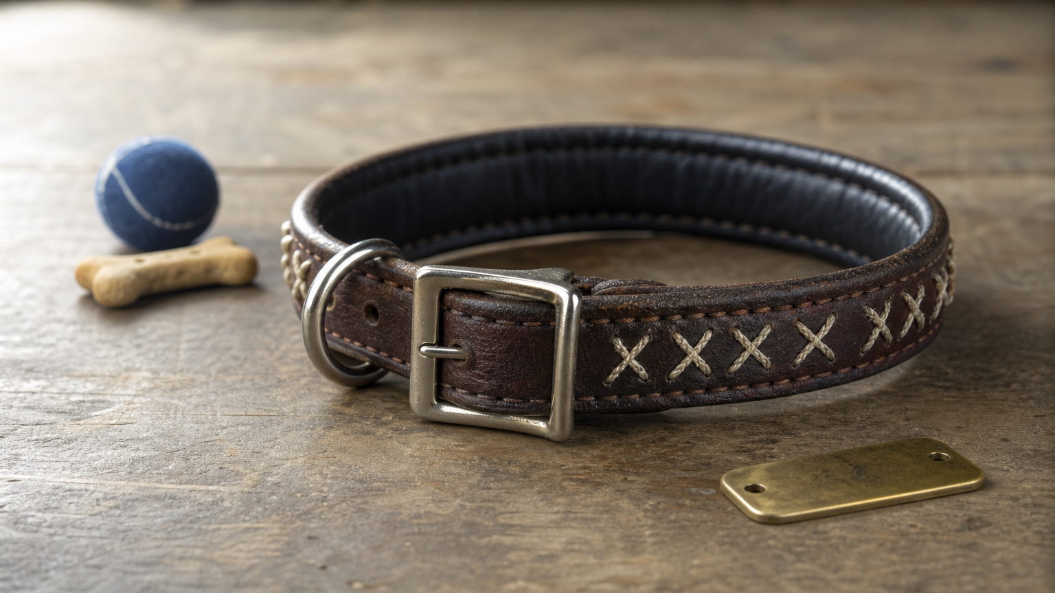 Close-up of a hand-embroidered cat collar with a nickel-plated buckle and brass nameplate.