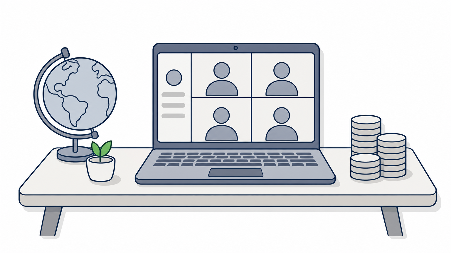 A laptop on a desk displays a video call beside a globe and a small stack of coins.