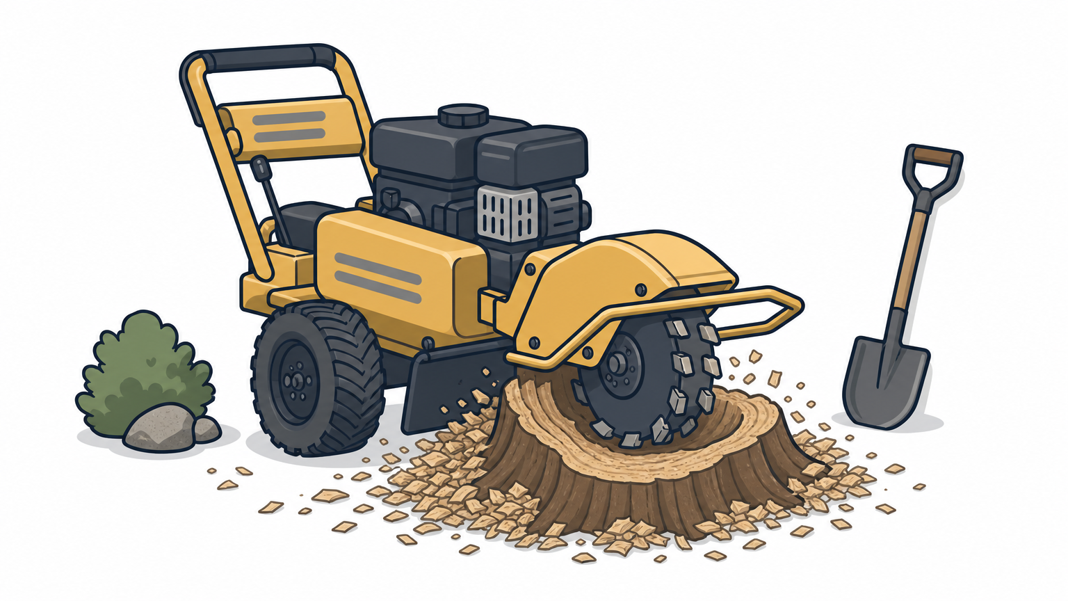 A stump grinder machine grinds a large tree stump down below ground level in a residential yard.