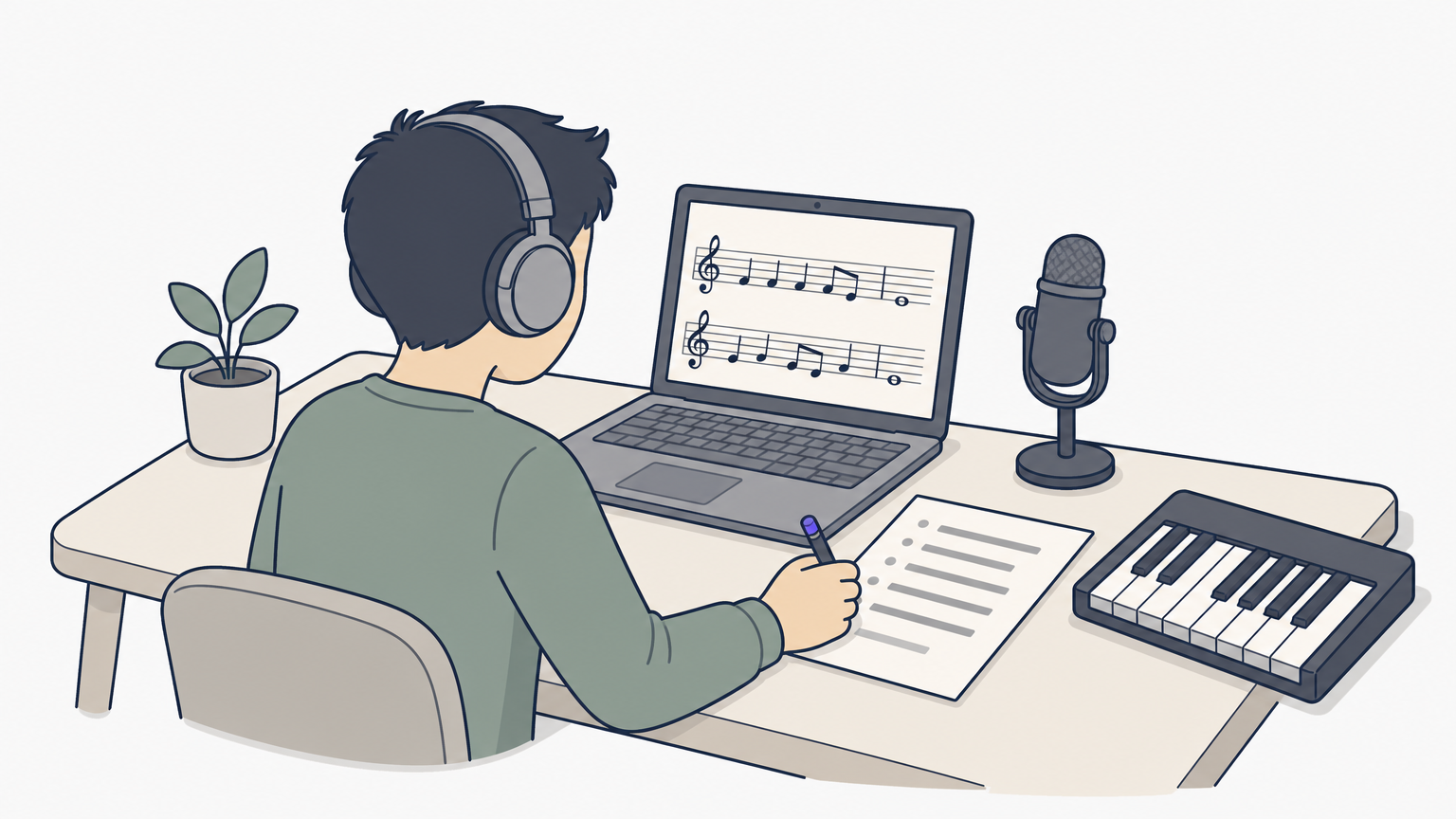 Student wearing headphones practices ear training exercises at a laptop next to a piano keyboard.