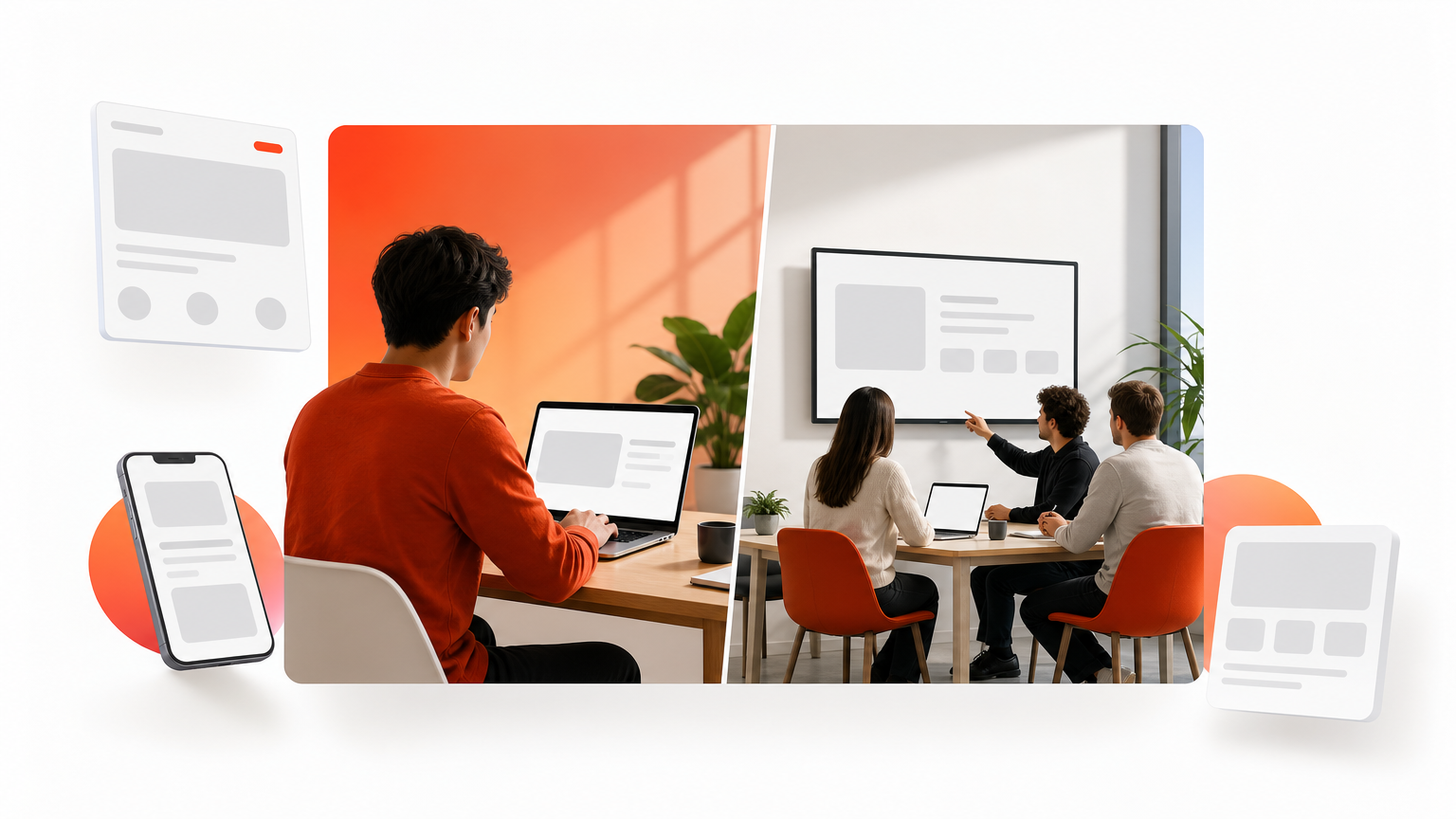 A webpage split into two equal halves, each featuring a different image and headline.