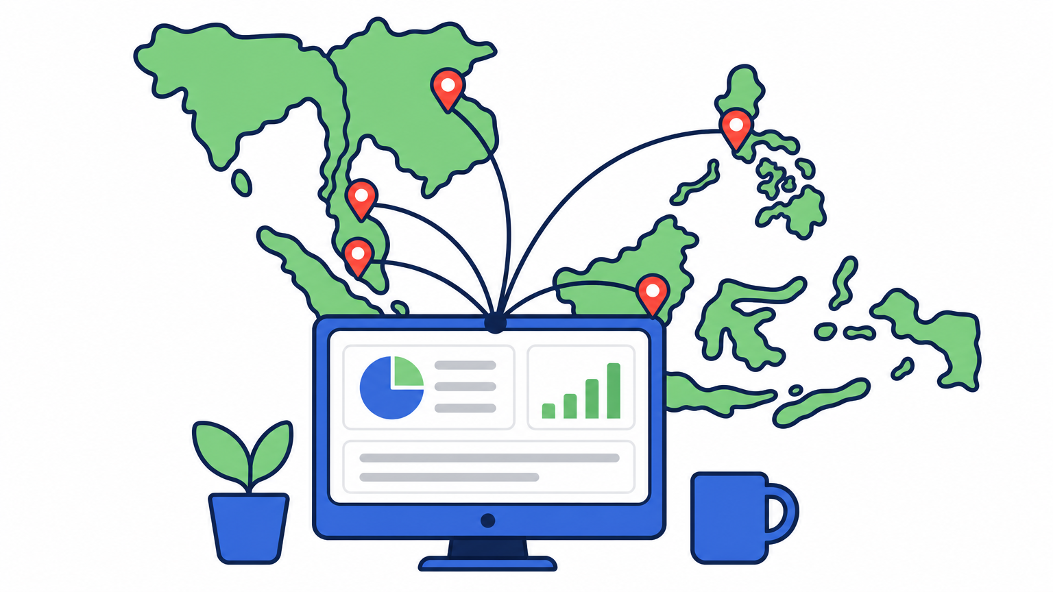 A Southeast Asia map with connected pins over several countries linked to a single payment dashboard screen.
