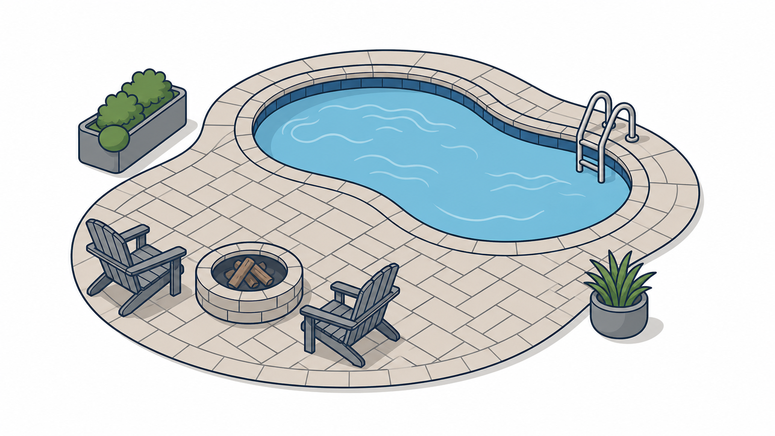 An overhead view of a paver patio with clean joint lines connecting to a pool deck.