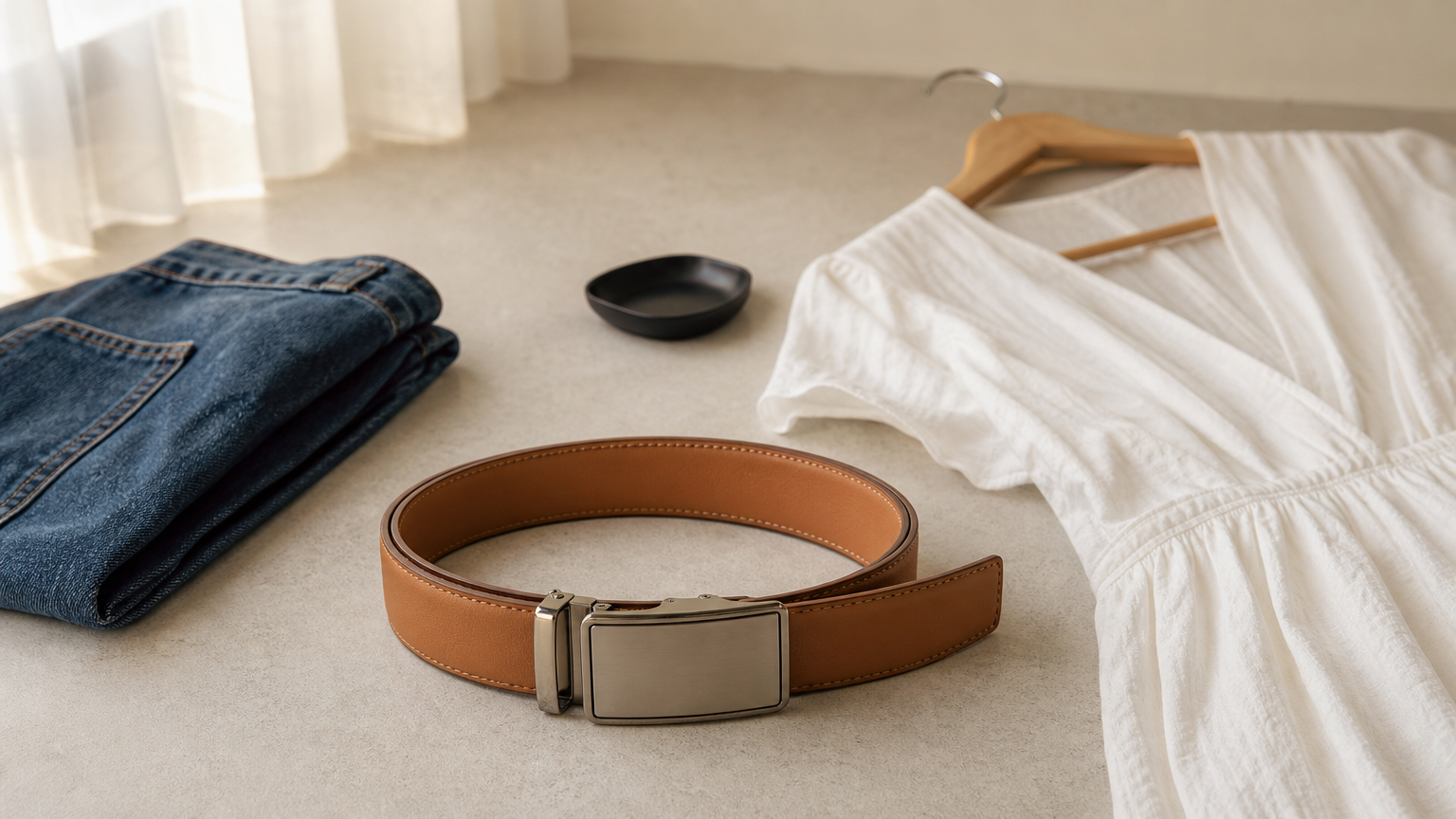 Ceinture en cuir camel à boucle automatique posée près d'un jean et d'une robe blanche.
