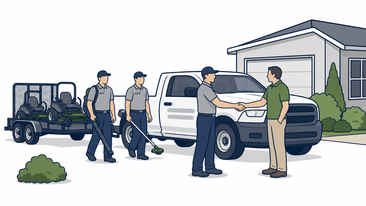 A uniformed lawn crew unloads commercial equipment from a clean truck at a homeowner's driveway.