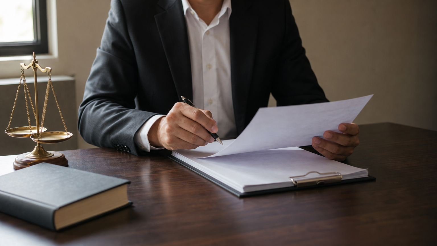 An advocate reviewing a printed legal notice document at a desk with law books nearby.
