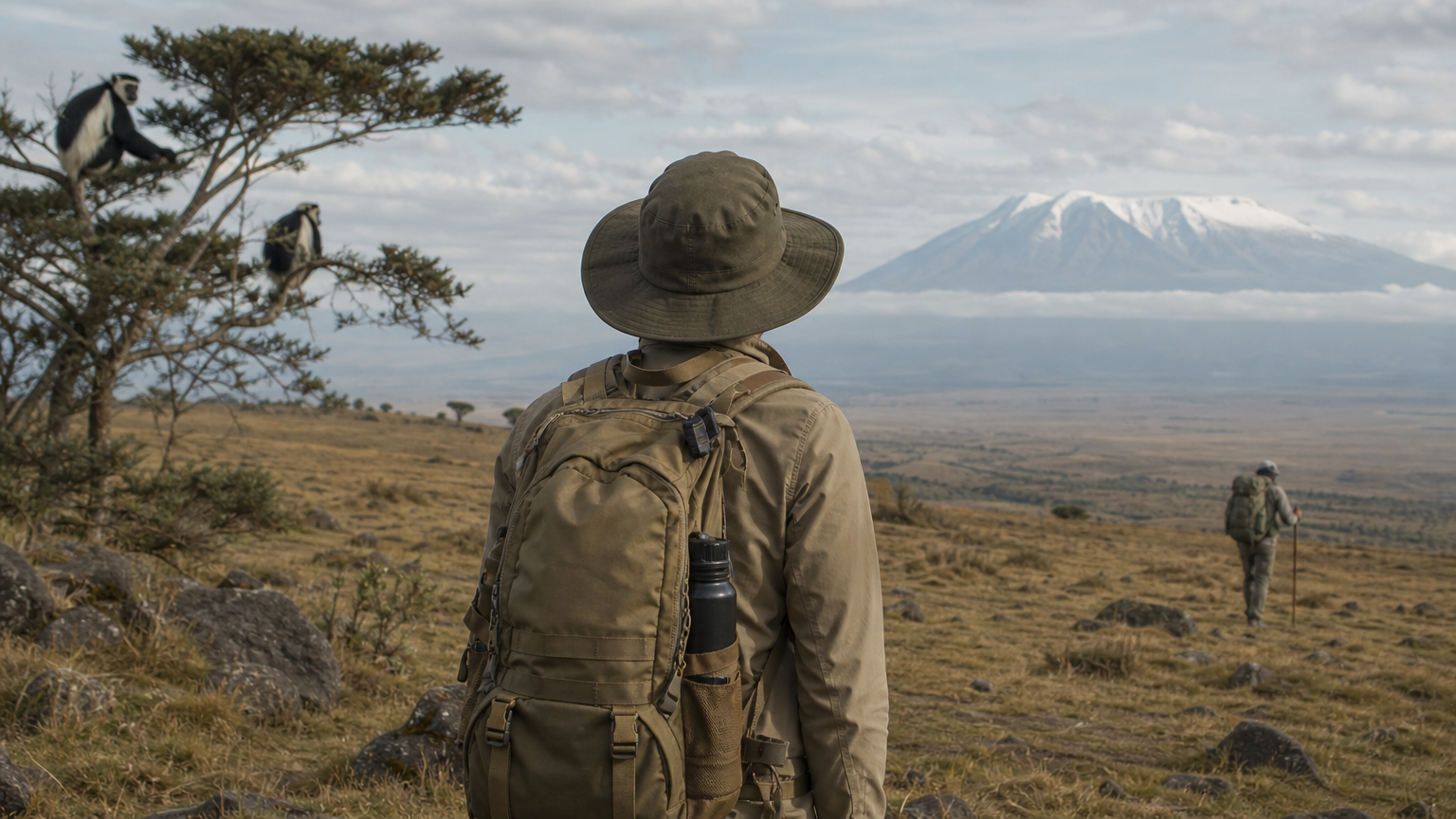 Trekkers walking across a high moorland plateau with a snow-capped peak in the distance.