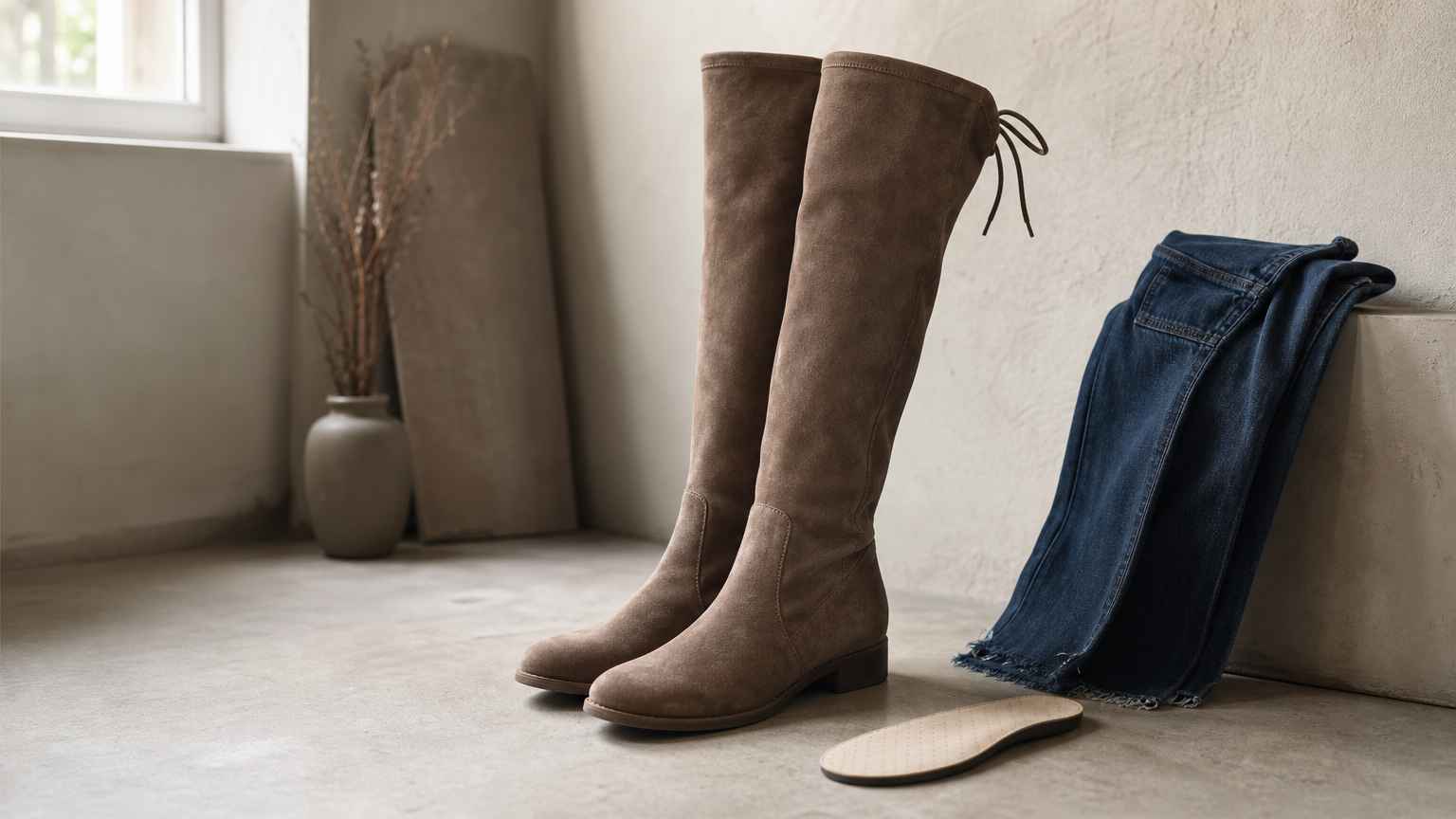 A pair of flat over-the-knee suede boots displayed beside a cushioned insole and folded jeans.