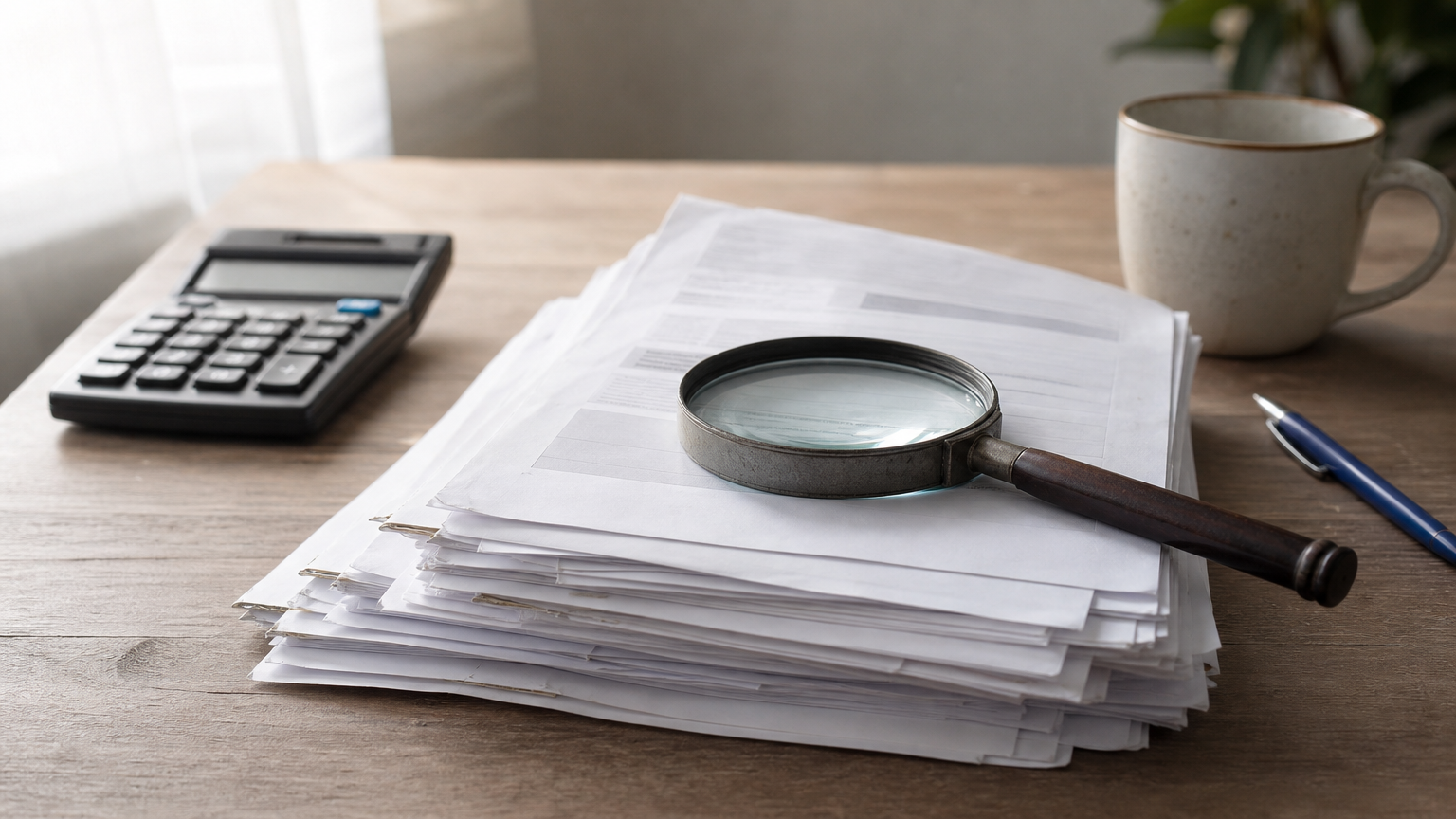 A magnifying glass highlights a small minimum payment line on a credit card statement next to a calculator.