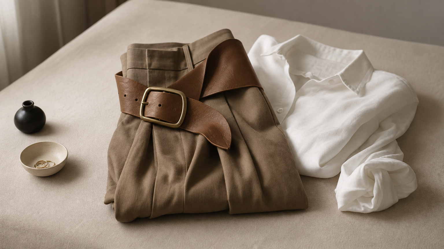 Ceinture large camel posée sur un pantalon taille haute avec un chemisier blanc.