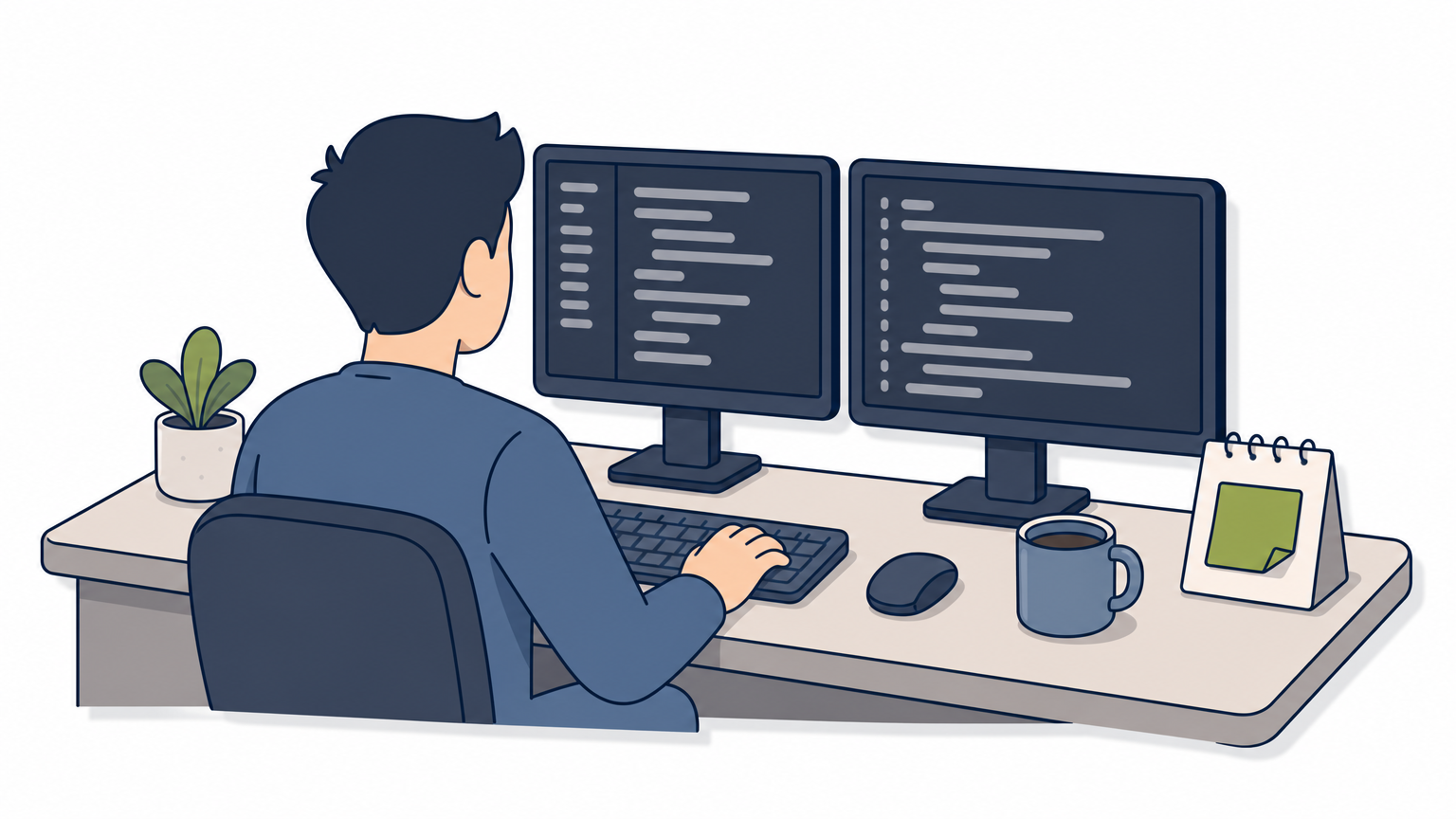 A developer works at dual monitors showing code, with a coffee cup and calendar nearby.