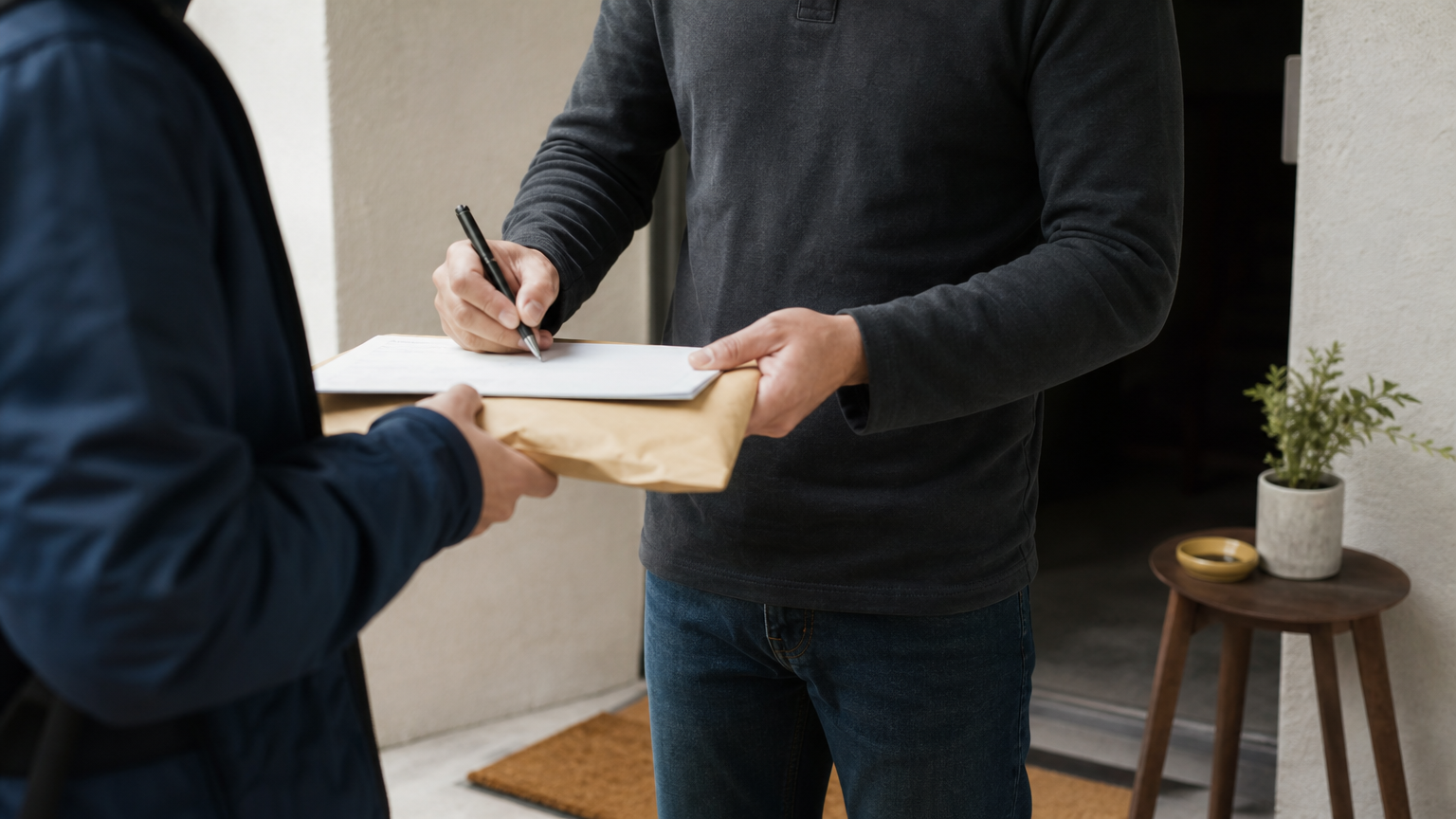 A courier delivering a registered post envelope while a recipient signs a delivery receipt.