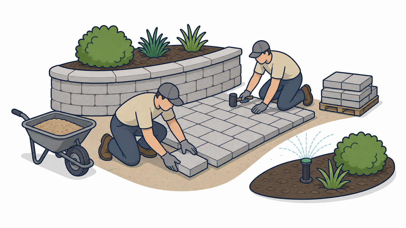 Landscaping crew laying pavers for a patio beside a stone retaining wall and irrigation sprinkler.