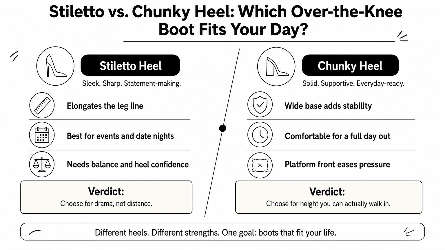 A comparison infographic contrasting stiletto heel and chunky heel over-the-knee boots across style and comfort points.
