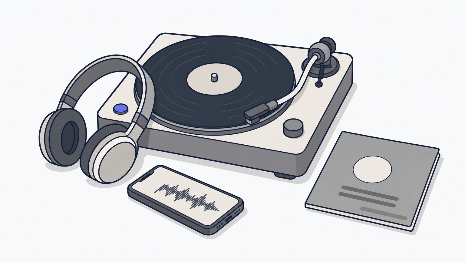 Headphones and a smartphone with a waveform sit next to a record player and jazz album sleeve.