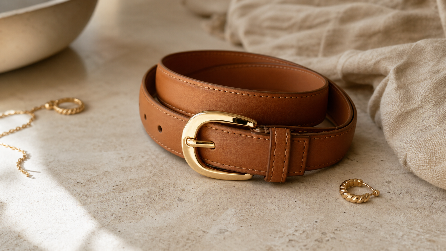 Ceinture en cuir camel à boucle dorée entourée de bijoux dorés et d'un tissu beige.
